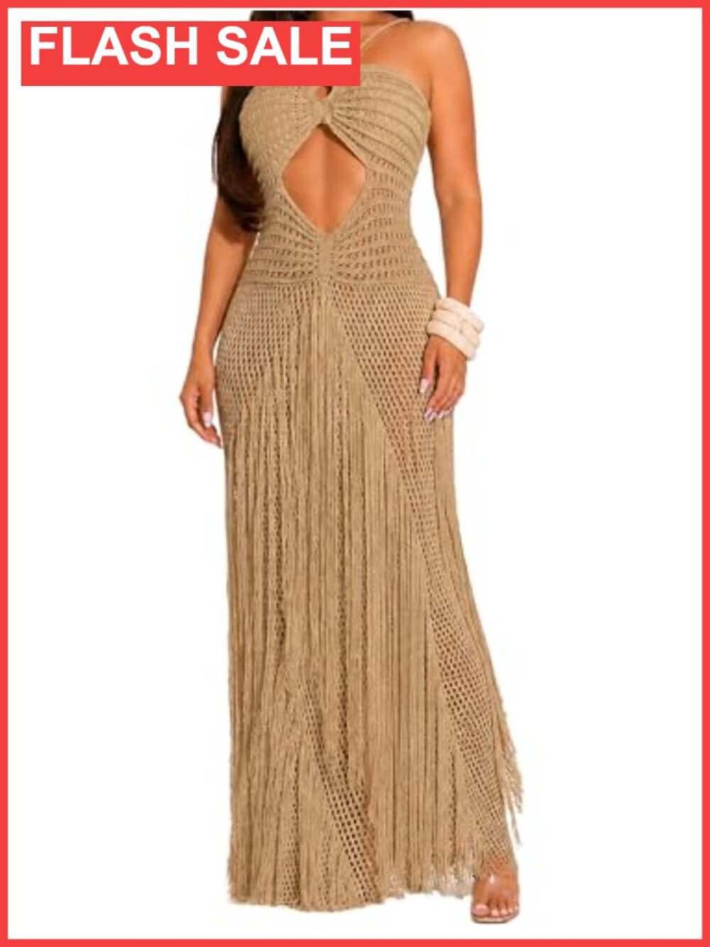 Crochet Swimsuit Cover Up Maxi Dress Fringe Cutout Beach